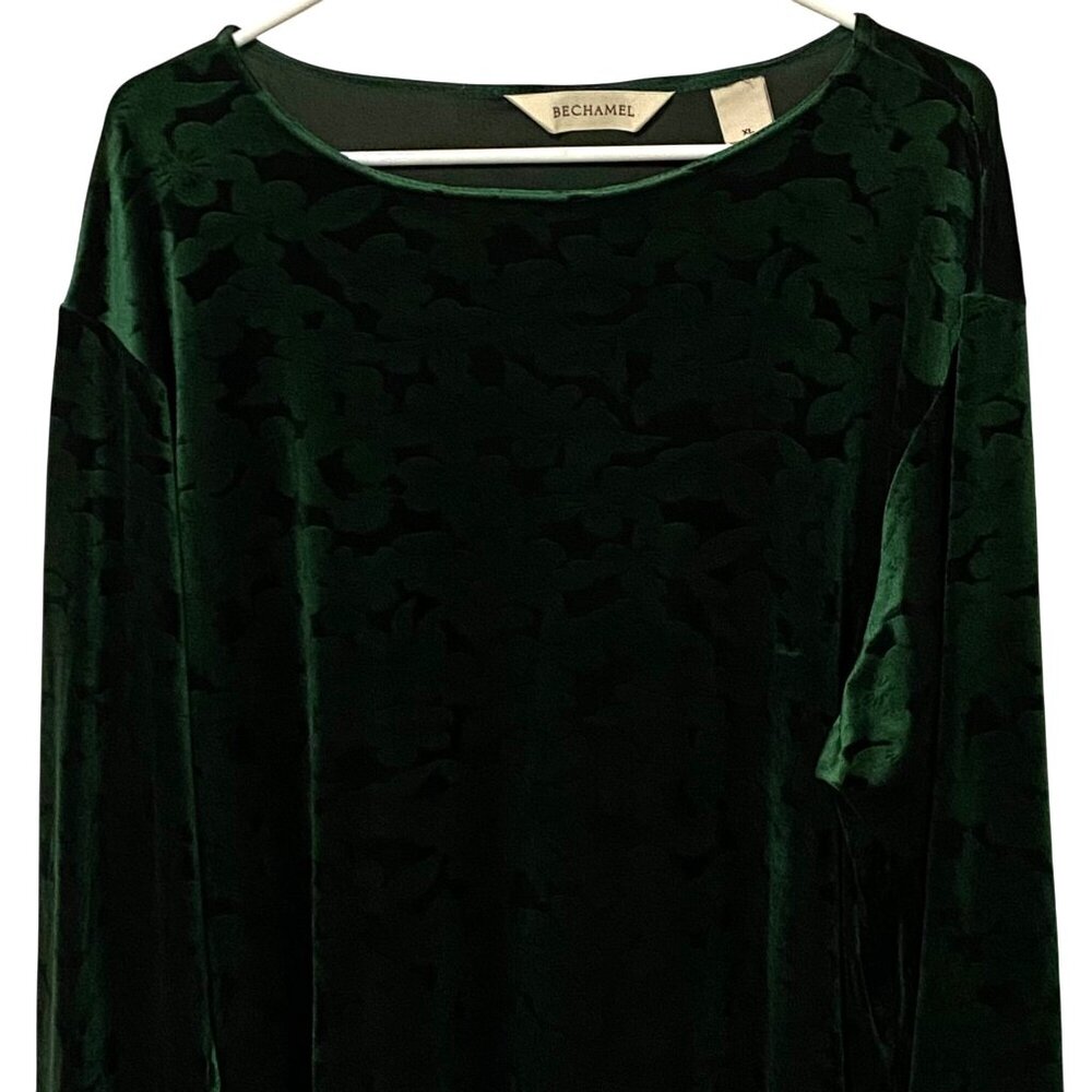 Vtg Velour Floral Pullover Top XL Green Boho Bloomcore Bold Color Soft‎ Stretchy
